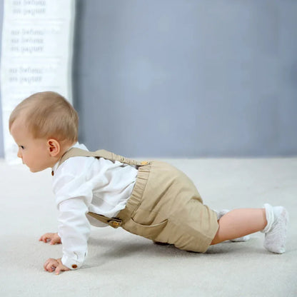 Baby Boy Gentleman Outfits Infant Cotton Linen Stand Collar Short Sleeve Shirts+Suspender Shorts Little Kid Overalls Clothes Set