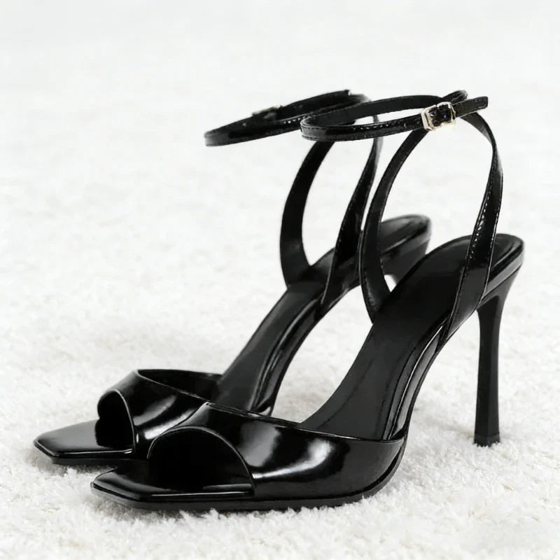 Designer Patent Leather Ankle Strap Buckle Heeled Sandals Women Sexy Square Toe Peep Toe High Heels Summer Elegant Office Shoes
