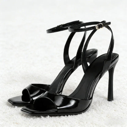 Designer Patent Leather Ankle Strap Buckle Heeled Sandals Women Sexy Square Toe Peep Toe High Heels Summer Elegant Office Shoes
