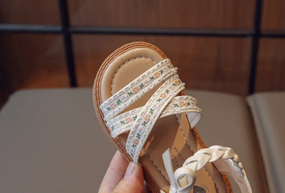 Summer Girls Sandals Fashion Embroider Flower Children Princess Shoes Open-toe Sweet Bowknot Kids Causal Flat Sandals Soft Soled
