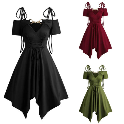 Women's Dress Cold Shoulder Lace Up Asymmetric Dress Tie Knot Shoulder Chain Solid Color Short Sleeve Dress