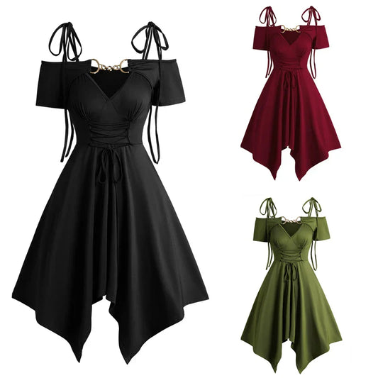 Women's Dress Cold Shoulder Lace Up Asymmetric Dress Tie Knot Shoulder Chain Solid Color Short Sleeve Dress