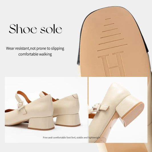 Women's High Heels New High Quality Sheep Leather Women's Shoes Simple Beige Mary Jane Shoes Comfortable