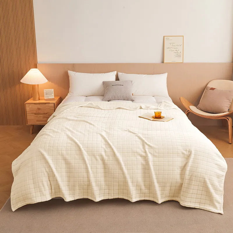 Luxury Grid Coral Velvet Blanket - Soft Fluffy Plush Throw, Thickened Warm for Sofa & Air-Condition Room, Flannel Back