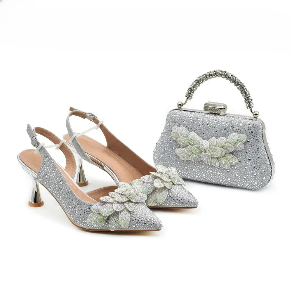 New Arrival Nigerian Women Heel Party Shoes and Bag Set Rhinestone Handbag Italian Design Luxury Wedding Shoes for Bride