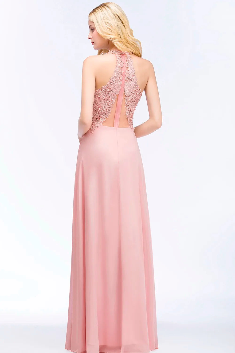 Vestido de Madrinha com Gola Halter Renda Pérolas Corpete Saia Longa até o Chão Chiffon Sexy Costas Abertas Roupa de Casamento