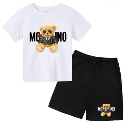 Boys Girls Summer Casual 2Pcs Set Lovely Bear Letter Print T-shirt & Shorts Comfortable Sports Running Suit