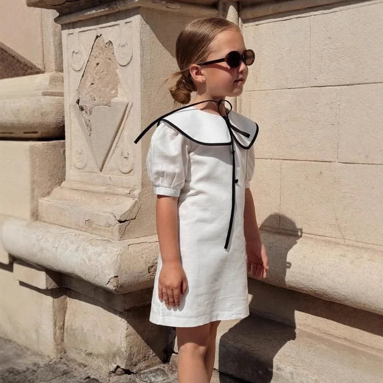 2-8Yrs Kids Girls Summer Dress Colorblock Doll Collar Elegant British-French Style Princess Dress UNITIM Children Girl Dress
