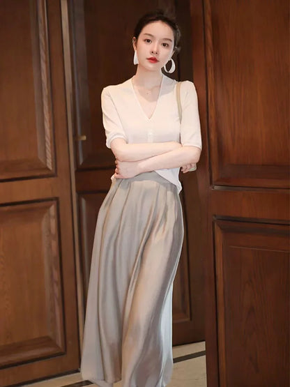 French fashion senior sense half skirt women's summer small A-line silk skirt thin high waist knitted slimming long skirt
