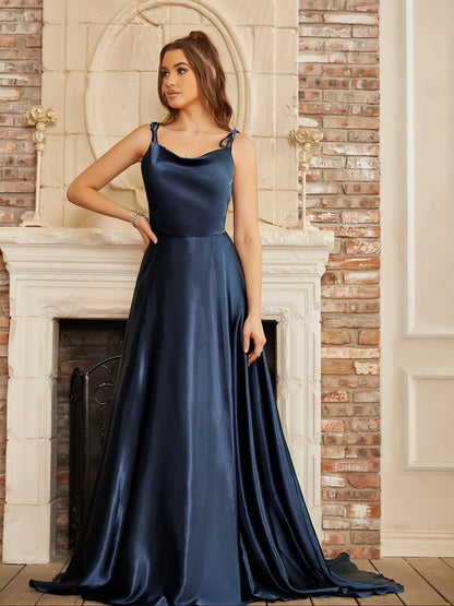 Elegant Bridesmaid Dress Cowl Neck Adjusted Spaghetti Silky-satin Fabric A-line Silhouette Wedding Women Long Gown