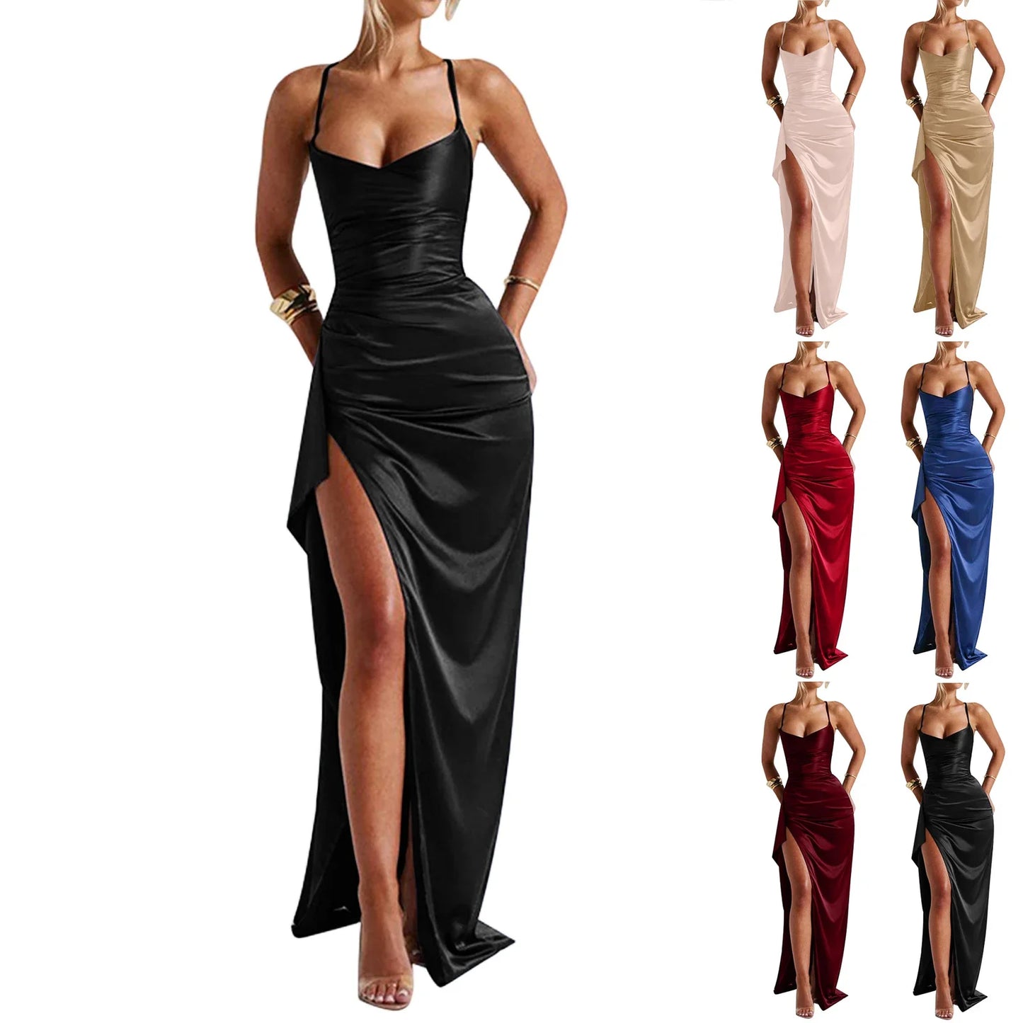 Women's Fashion Elegant Fitted Pleated Slit Satin Gown Solid Color Sleeveless Backless Long Dresses Summer Satin Party Dress
