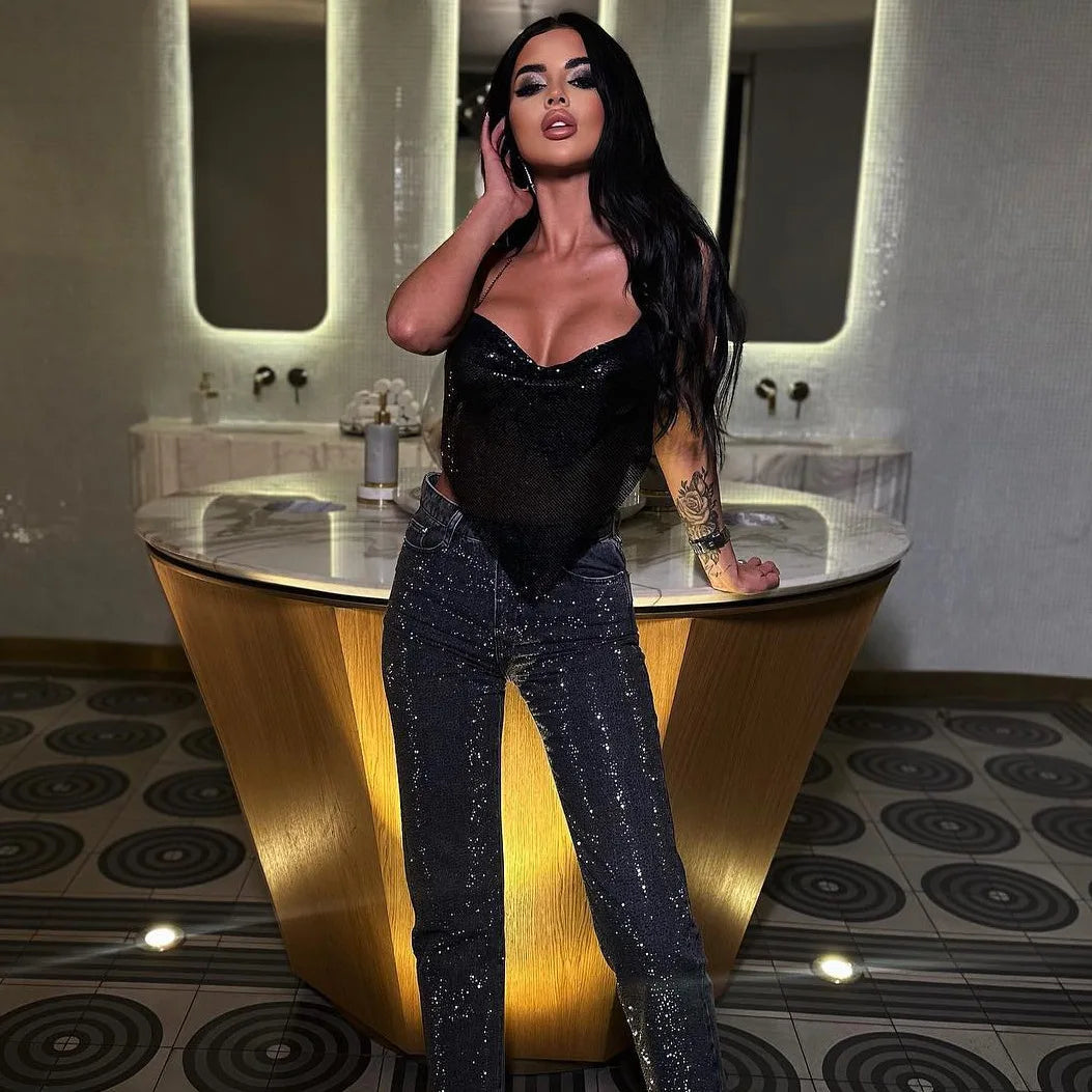 Shiny Metal Sequins Tank Tops For Women Sexy Backless V Neck Adjustable Chain Crop Top Lady Festival Rave Party Club Camisole