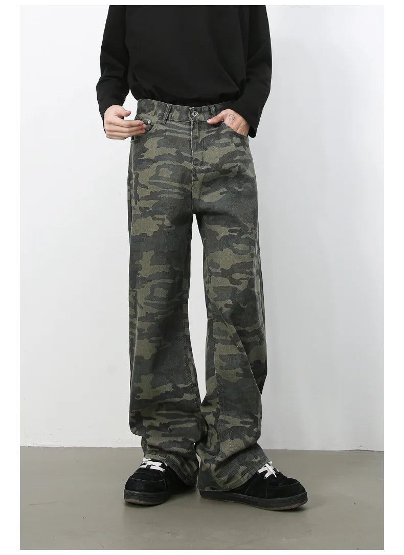 Tide Camouflage Jeans Men's Ins Loose Straight Wide Leg Casual Denim Pants Loose Male Trousers 12C2036