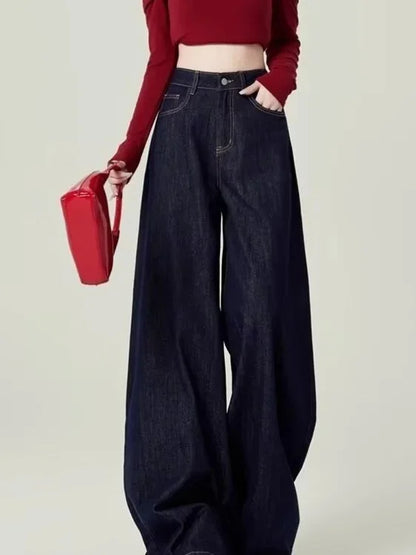 Calça Jeans Feminina Azul Estilo Americano Cintura Alta Perna Larga Solta que Emagrece Caimento Drapeado Comprimento Longo Primavera Outono Tendência