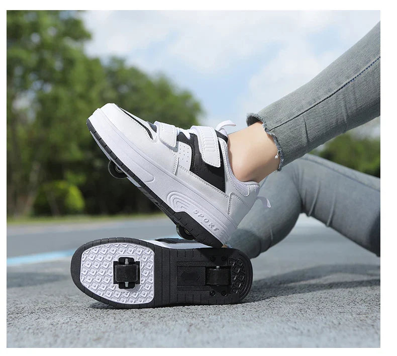 Autumn 2025 Kids Walking Shoes Detachable Double Wheel Roller Skates Boy Leather Student Shoe Four Wheeled Children Shoes Girl