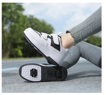 Autumn 2025 Kids Walking Shoes Detachable Double Wheel Roller Skates Boy Leather Student Shoe Four Wheeled Children Shoes Girl