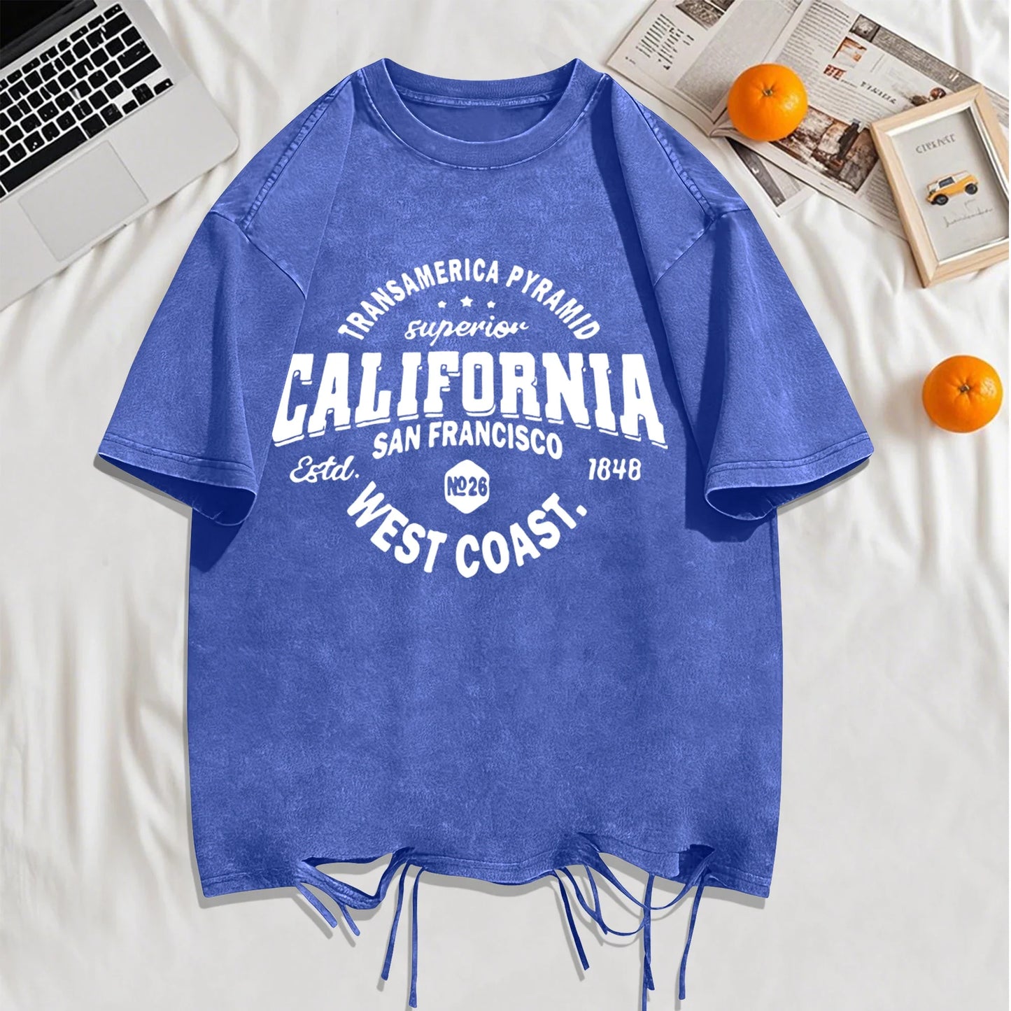 California Sanfrancisco Weat Coast Washed Holes T-Shirt Mens Cotton Soft T Shirts Crewneck Loose Clothes Multicolor Short Sleeve