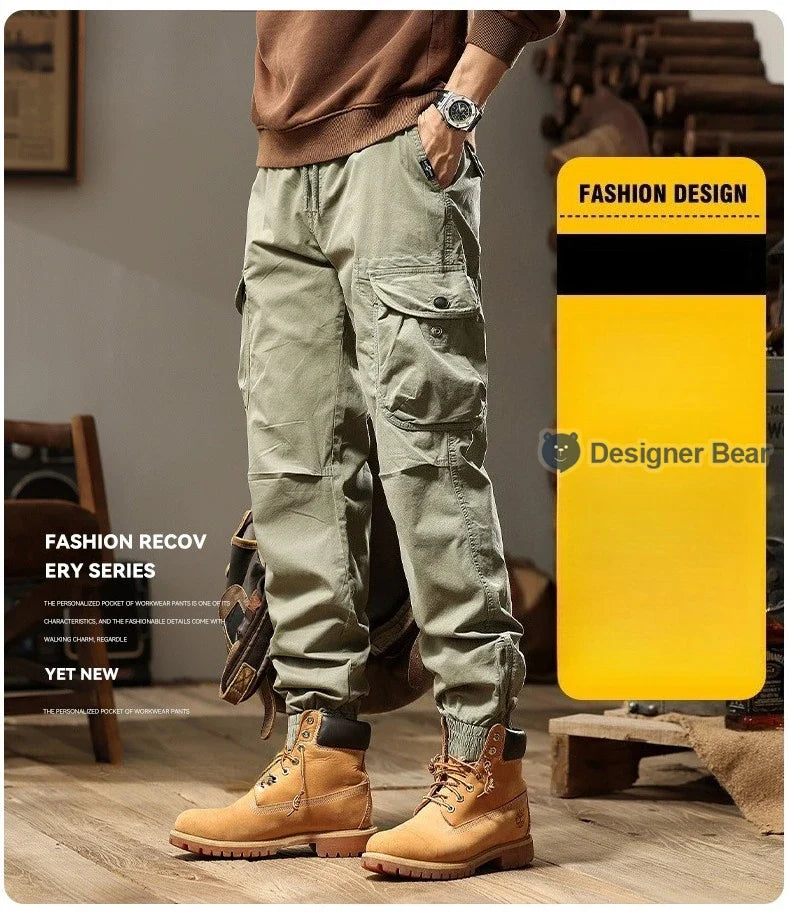 Brand Clothing 2026 Spring Summer Men's Baggy Cargo Pants Multi-Pocket Work Joggers Casual Cotton Tapered Trousers Long Pants