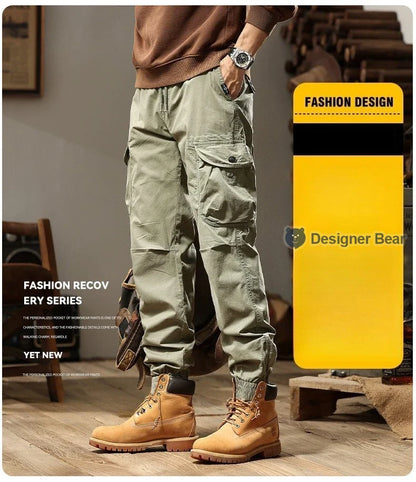 Brand Clothing 2026 Spring Summer Men's Baggy Cargo Pants Multi-Pocket Work Joggers Casual Cotton Tapered Trousers Long Pants