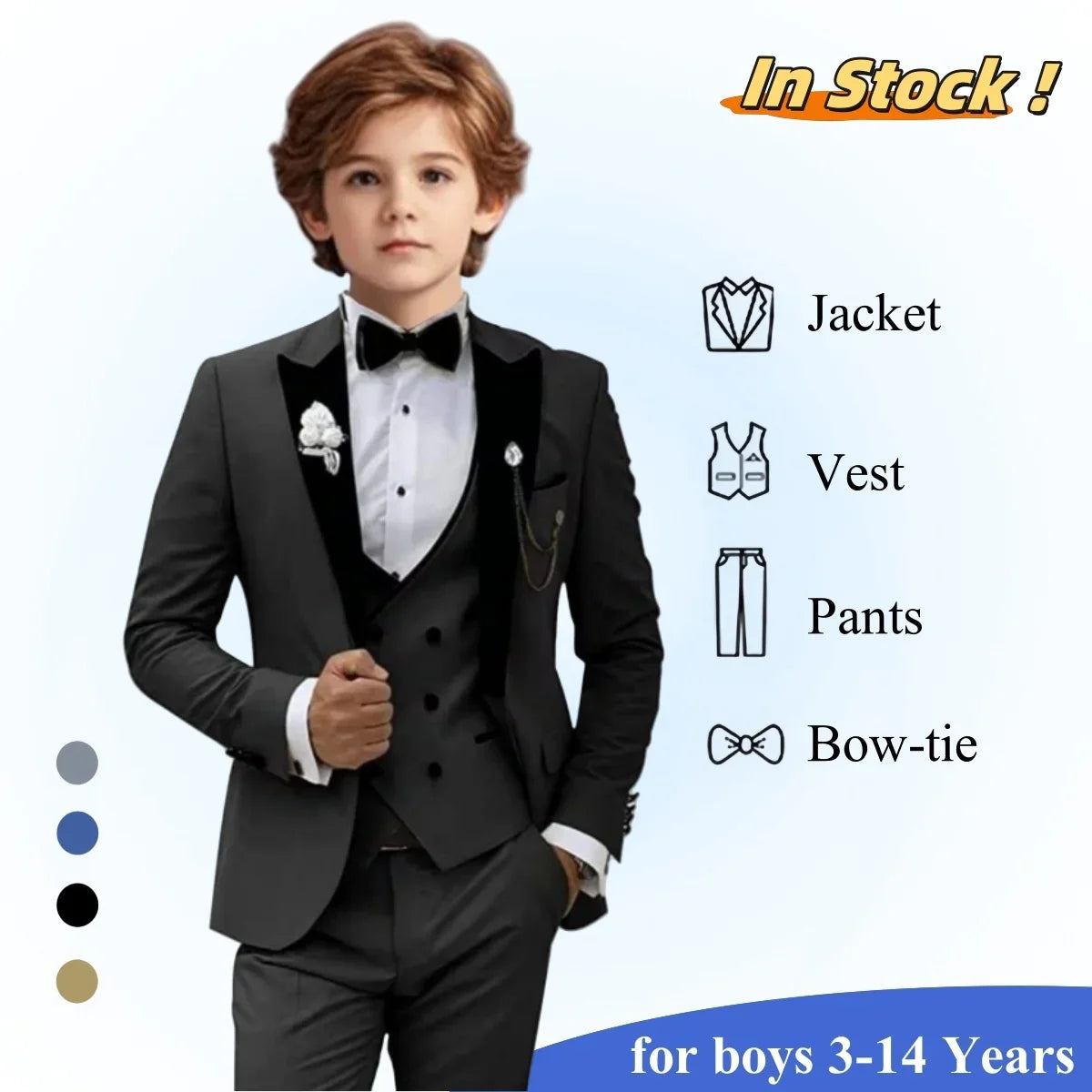 2025 New Kids Suit Set, 4 Pieces Formal Homecoming Suits for Boys, Jacket Vest Pants Bowtie Velvet Collar