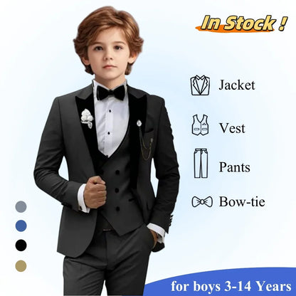 2025 New Kids Suit Set, 4 Pieces Formal Homecoming Suits for Boys, Jacket Vest Pants Bowtie Velvet Collar