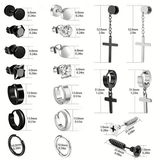 Simple Stainless Steel Zircon Stud Earrings For Men, Cross Pendant Hoop Earrings For Daily Wear