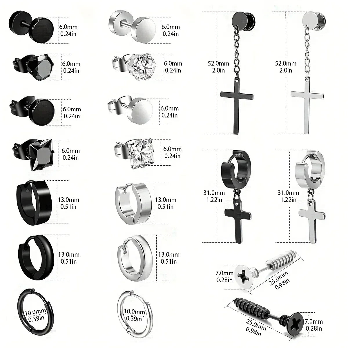 Simple Stainless Steel Zircon Stud Earrings For Men, Cross Pendant Hoop Earrings For Daily Wear