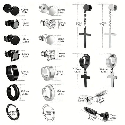 Simple Stainless Steel Zircon Stud Earrings For Men, Cross Pendant Hoop Earrings For Daily Wear