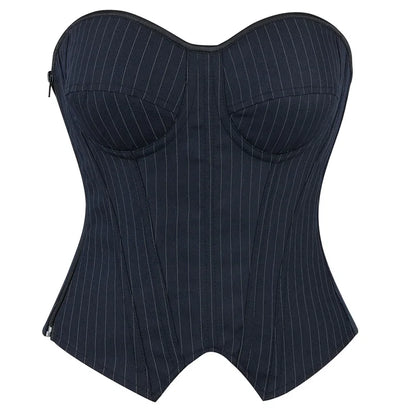 Black Striped Zipper Overbust Corset and Bustier Shapewear Top for Women Office Lady Corselet
