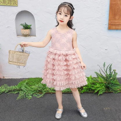 3-8Y Elegant Kid Girl Dress Tulle Layered Dress Sleeveless Princess Costume Wedding Party Costume Baby Girl Clothes Child A1123