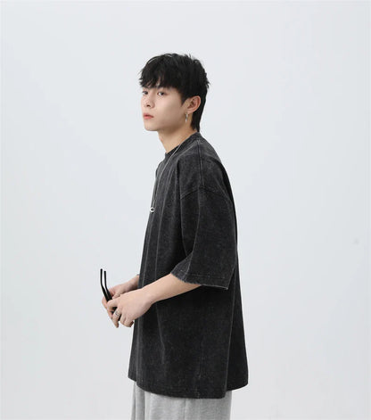 Japanese Korean Style Stir Fried Snowflake Washed T-Shirts Men Women Cotton Heavyweight Summer Hip Hop Streetwears Short Sleeved