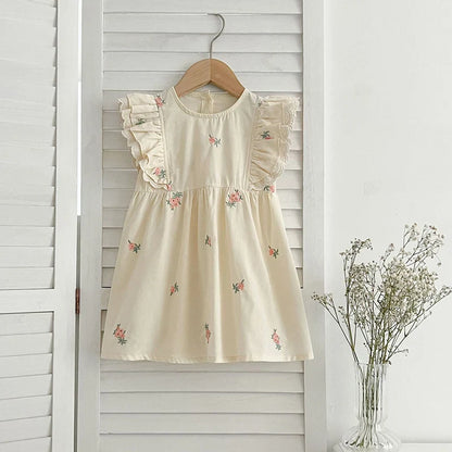 Summer Girls Dress Children's Clothing Bow Embroidered Flower Collar Girl's Dress Cartoon Printed Flying Sleeves Princess Dress