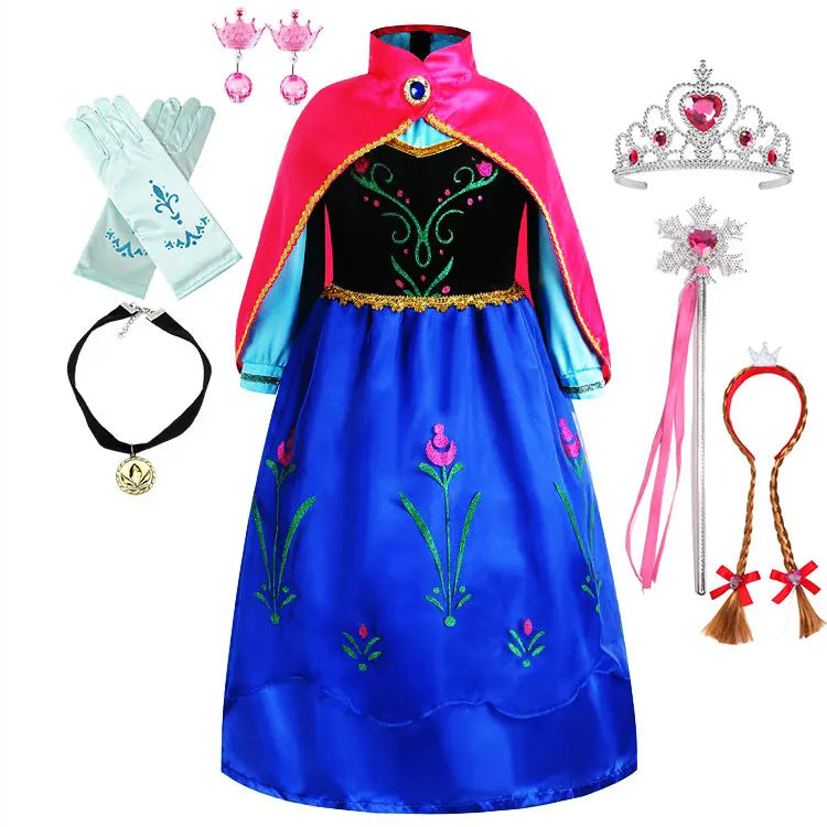 2026 Anna inspired Princess Dress with Fuchsia Cape Girls Snow Queen Elsa's Sister Costume Play Toddler Carnival Royal Frocks