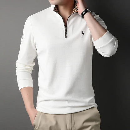 Luxury new Half Zipper Long Sleeve T-shirt 100% Cotton Brand Embroidered Stand Collar Men's Clothing Autumn Casual polo shirt