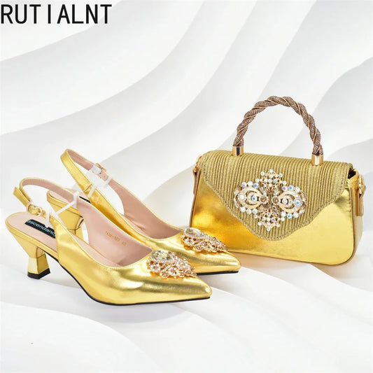 New Fashion Women Shoes and Bags To Match Set Nigeria Party Nigeria Italian Shoes and Matching Bags Decorated with Rhinestone