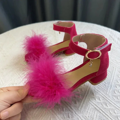 New Girls Low-heels Sandals Summer Fluffy Kids Princess Catwalk Shoes Open-toe Versatile Children Fashion Wedding Party Sandals