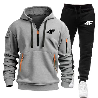 Men's tracksuit zipper hood multi-pocket and protective pants casual jogging tracksuit fall/winter 2-piece setLarge size S-3XL