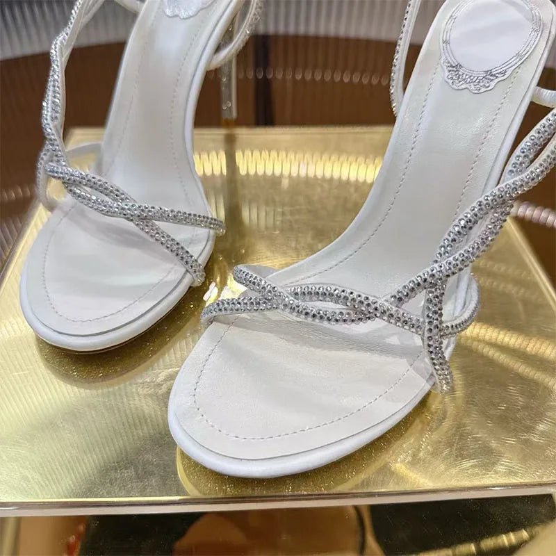 Bling Crystal Studded Thin Heels Sandals Woman Rhinestone Cross-tied High Heels Banquet Shoes Summer Stiletto Sandalias Women