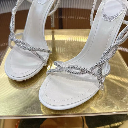 Bling Crystal Studded Thin Heels Sandals Woman Rhinestone Cross-tied High Heels Banquet Shoes Summer Stiletto Sandalias Women