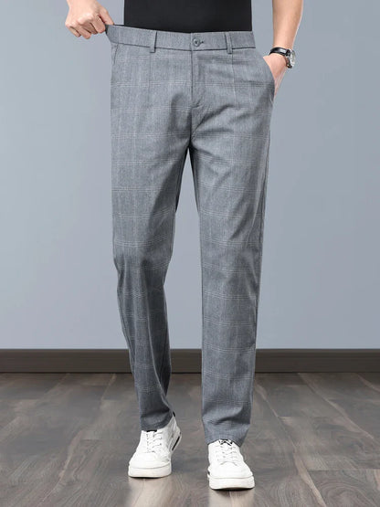 Summer Thin Plaid Formal Stretch Pants Men Slim Business Grey Black Casual Pant Fashion Male Clothing England Trousers