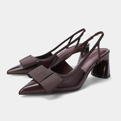 2026 Patent Leather Pointed Toe Heeled Sandals Women Elegant Bow Decoration Chunky Heel Pumps Luxury Designer Heels for Ladies