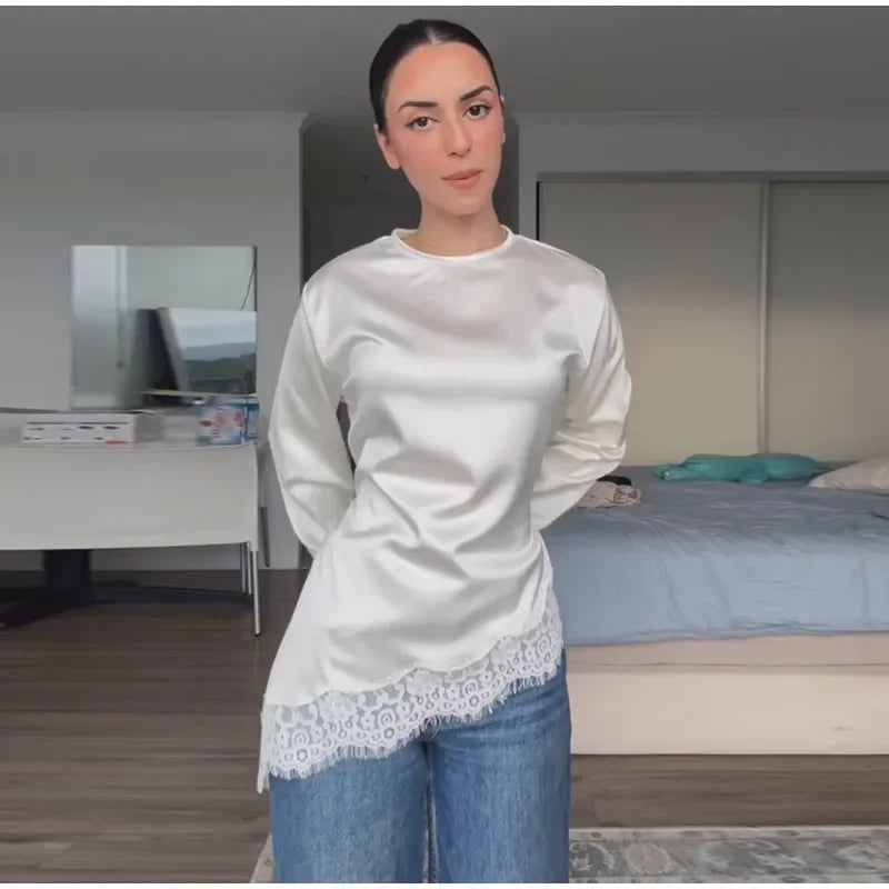 Women's Satin Blouse With Lace Trim Fashion O-neck Long Sleeve Lace Up Waist Irregular Tops 2026 Spring New Chic Lady Streetwear