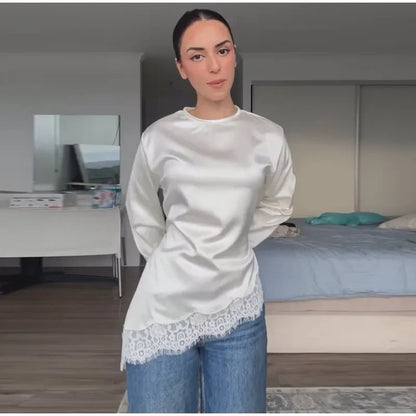 Women's Satin Blouse With Lace Trim Fashion O-neck Long Sleeve Lace Up Waist Irregular Tops 2026 Spring New Chic Lady Streetwear