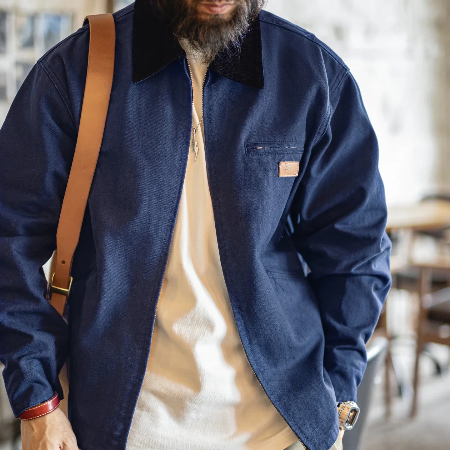 Maden Retro Canvas Detroit Hunting J001 Jacket Heavyweight Pocket Work Jacket Lapel Collar Zipper Coat for Men's Spring and Fall