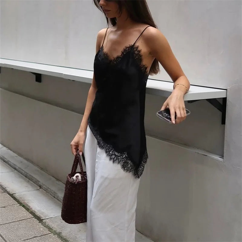 Women Lace Trim Satin Camisole V Neck Spaghetti Strap Backless Asymmetrical Tops Trendy Summer Streetwear