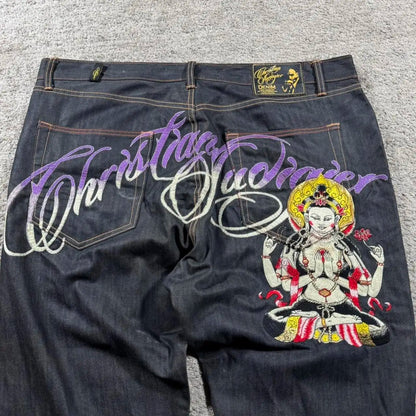 Baggy Wide Leg Y2K 2000s Loose Jeans Embroidered Buddha Casual Denim Pants Harajuku High Waist Straight Jeans Y2k Women Clothing