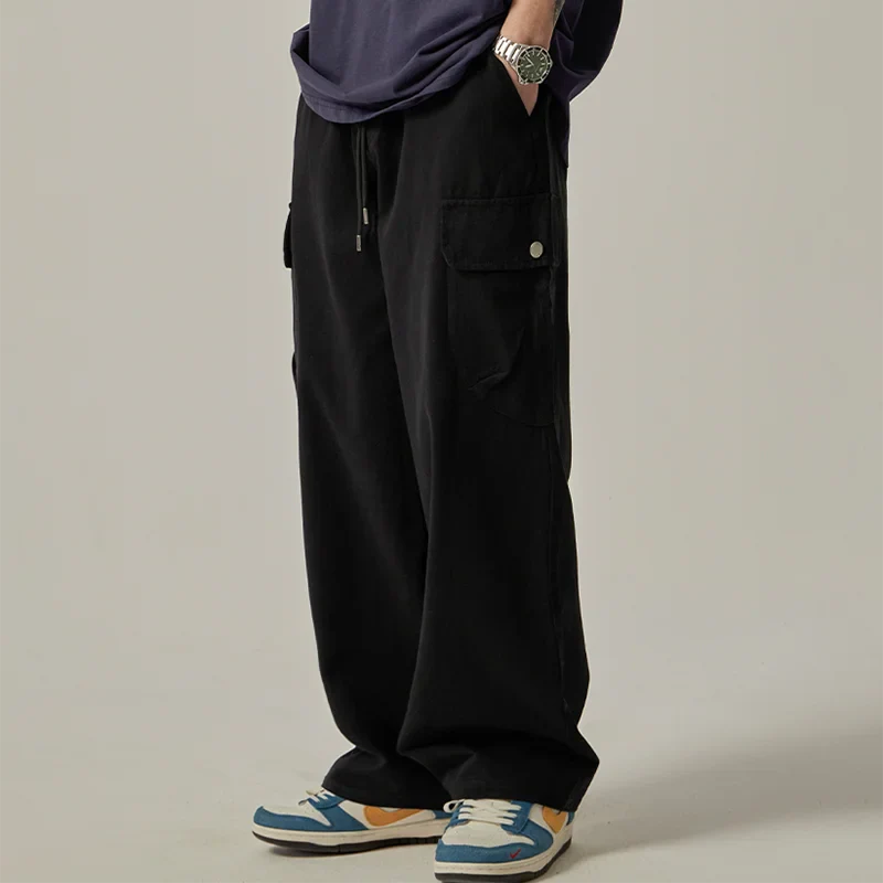 Men's Sweatpants 2025 Spring Autumn Vintage Japanese Wide Leg Straight Loose Button Big Pockets Cargo Pants Drawstring Trousers