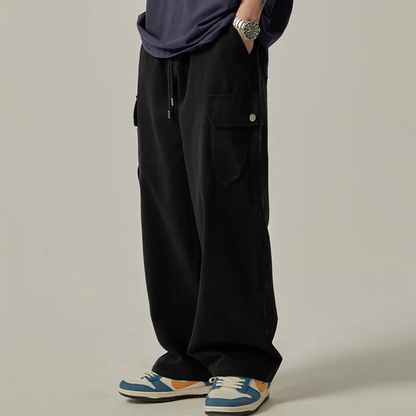Men's Sweatpants 2025 Spring Autumn Vintage Japanese Wide Leg Straight Loose Button Big Pockets Cargo Pants Drawstring Trousers