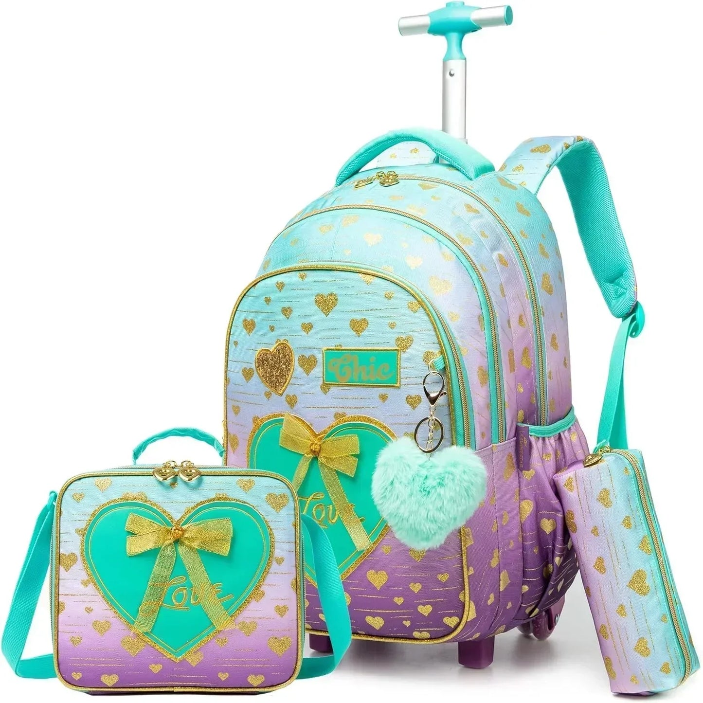 Children's Wheeled Backpack Bag Set with Lunch Box School Rolling Backpack Bag with Wheels School Trolley Backpack Bag for Girls