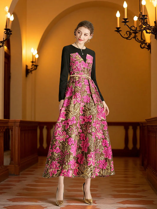 Elegant  Women Long Maxi Jacquard Dress New Party Evening Spliced Spring Autumn Vintage Floral Ball Gown